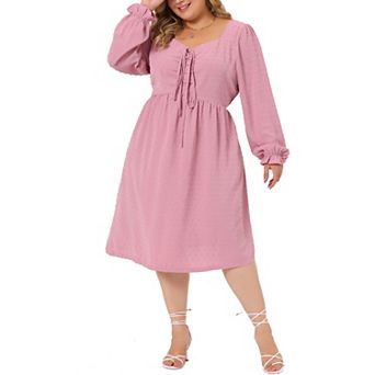 Women plus size Long sleeve sweetheart Neck Bow Tie Swing Ruffle Babydoll Swiss Dot midi Boho Dress
