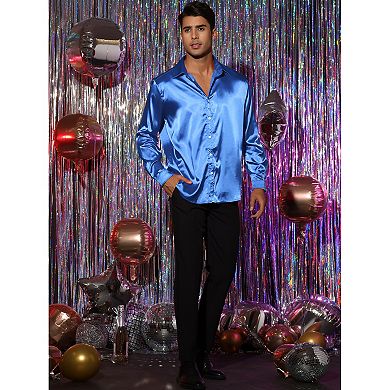 Men's Prom Satin Long Sleeves Button Down Slim Fit Formal Shirts