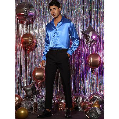 Men's Prom Satin Long Sleeves Button Down Slim Fit Formal Shirts