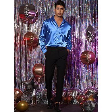 Men's Prom Satin Long Sleeves Button Down Slim Fit Formal Shirts