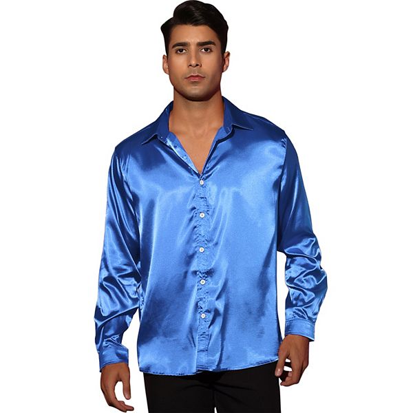 Men's Prom Satin Long Sleeves Button Down Slim Fit Formal Shirts
