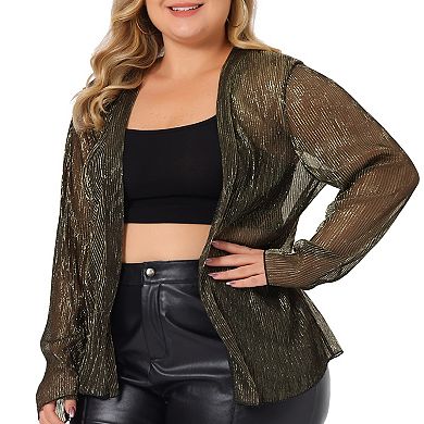 Plus Size Women's Cardigan Open Front Metallic Sheer Shrug Long Sleeve Lightweight Cardigan Jacket