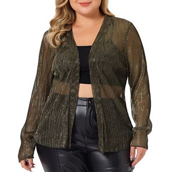 Plus Size Women's Cardigan Open Front Metallic Sheer Shrug Long Sleeve Lightweight Cardigan Jacket