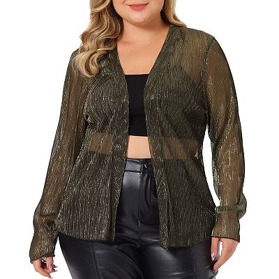 Plus Size Women s Cardigan Open Front Metallic Sheer Shrug Long Sleeve Lightweight Cardigan Jacket