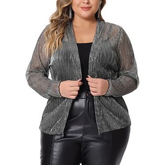 Plus Size Women's Cardigan Open Front Metallic Sheer Shrug Long Sleeve Lightweight Cardigan Jacket