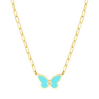 Color Romance 14k Gold Diamond Accent Turquoise Enamel Butterfly Necklace
