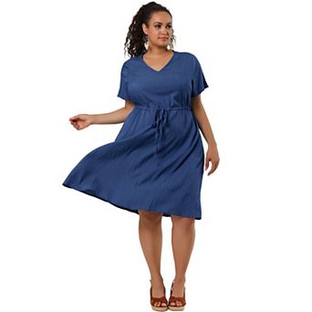Plus Size Dress for Women V Neck Short Sleeve a Line Chambray Denim Dresses