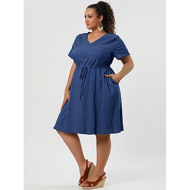 Plus Size Dress for Women V Neck Short Sleeve a Line Chambray Denim Dresses