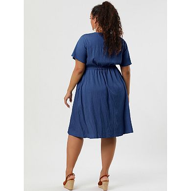 Plus Size Dress for Women V Neck Short Sleeve a Line Chambray Denim Dresses