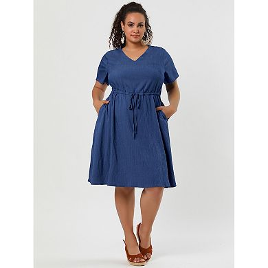 Plus Size Dress for Women V Neck Short Sleeve a Line Chambray Denim Dresses