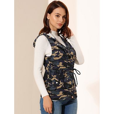 Women's Camo Drawstring Waist Hooded Jacket Cargo Vest