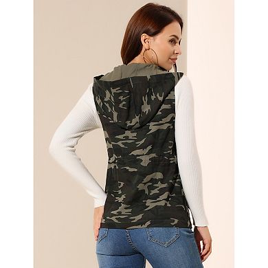 Women's Camo Drawstring Waist Hooded Jacket Cargo Vest