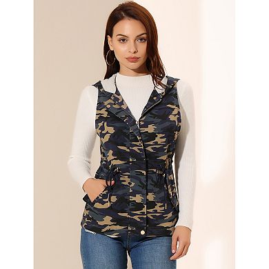 Women's Camo Drawstring Waist Hooded Jacket Cargo Vest
