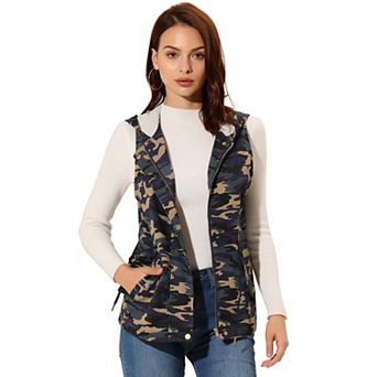 Women's Camo Drawstring Waist Hooded Jacket Cargo Vest