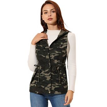 Women's Camo Drawstring Waist Hooded Jacket Cargo Vest
