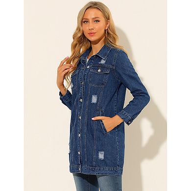 Women's Casual Long Sleeve Button Down Long Distressed Denim Jacket