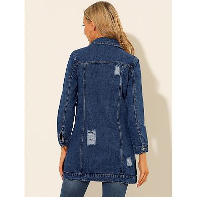 Women's Casual Long Sleeve Button Down Long Distressed Denim Jacket