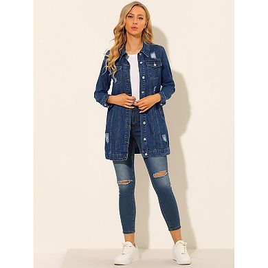 Women's Casual Long Sleeve Button Down Long Distressed Denim Jacket
