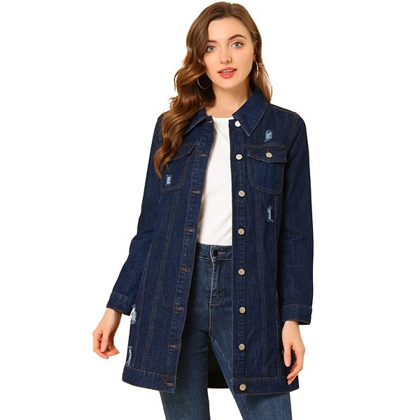 Women's Casual Long Sleeve Button Down Long Distressed Denim Jacket