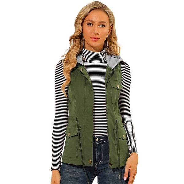 Women's Drawstring Sleeveless Turndown Collar Utility Cargo Vest Jacket