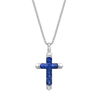 Men's LYNX Stainless Steel & Lapis Stone Cross Pendant Necklace