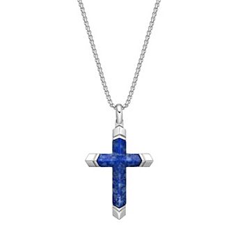 Men's LYNX Stainless Steel & Lapis Stone Cross Pendant Necklace