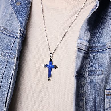Men's LYNX Stainless Steel & Lapis Stone Cross Pendant Necklace