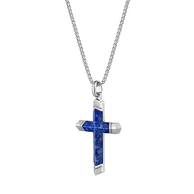 Men's LYNX Stainless Steel & Lapis Stone Cross Pendant Necklace
