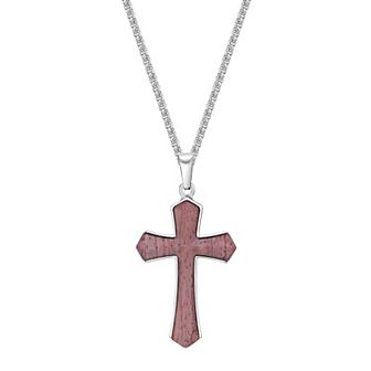 Men's LYNX Stainless Steel & Babinga Wood Cross Pendant Necklace