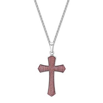 Men's LYNX Stainless Steel & Babinga Wood Cross Pendant Necklace