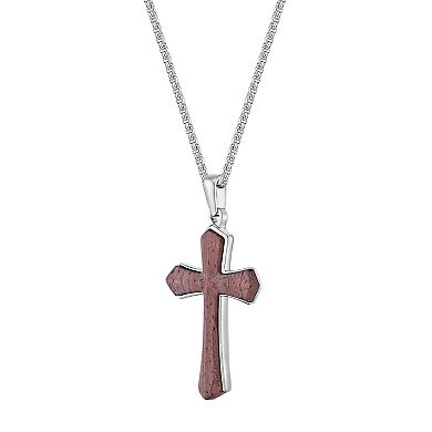 Men's LYNX Stainless Steel & Babinga Wood Cross Pendant Necklace