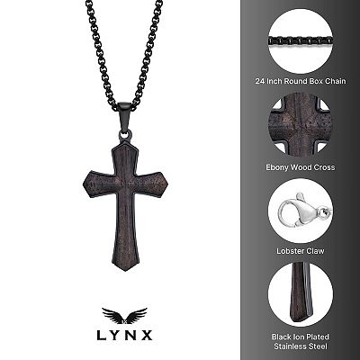 Men's LYNX Stainless Steel & Ebony Wood Cross Pendant Necklace