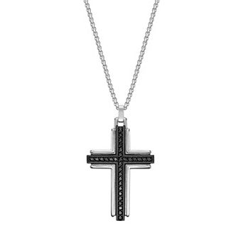 Men's LYNX Stainless Steel & Black Agate Cross Pendant Necklace