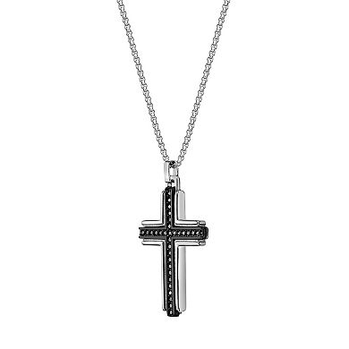 Men's LYNX Stainless Steel & Black Agate Cross Pendant Necklace