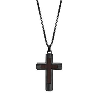 Men's LYNX Stainless Steel & Ebony Wood Cross Pendant Necklace