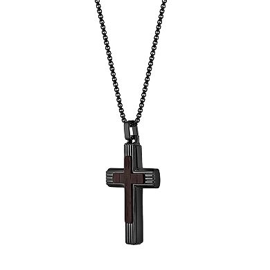 Men's LYNX Stainless Steel & Ebony Wood Cross Pendant Necklace