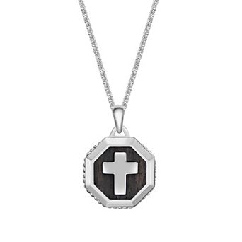 Men's LYNX Stainless Steel & Ebony Wood Cross Pendant Necklace