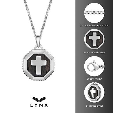 Men's LYNX Stainless Steel & Ebony Wood Cross Pendant Necklace