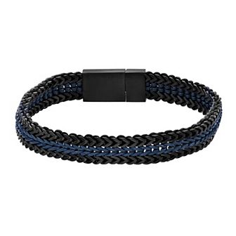 Men's LYNX Stainless Steel & Blue Leather Bracelet