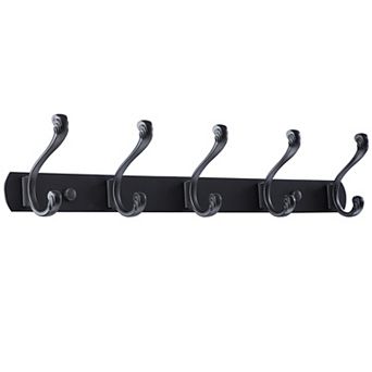 Dual Wall Hook Stainless Steel Base 17.7 Inch 5 Hooks Coat Towel Holder Black