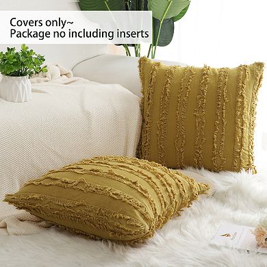 2Pcs Cotton Linen Decorative Cushion Covers Tassel Striped Throw Pillow Covers 18" x 18"