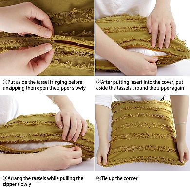 2Pcs Cotton Linen Decorative Cushion Covers Tassel Striped Throw Pillow Covers 18" x 18"