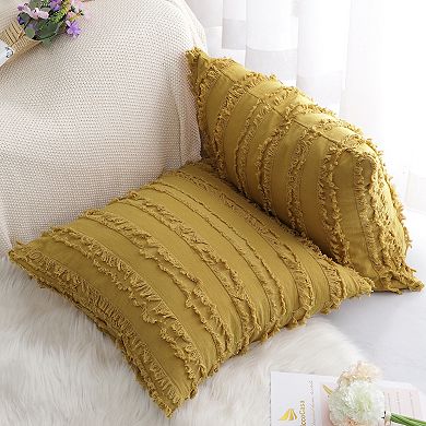 2Pcs Cotton Linen Decorative Cushion Covers Tassel Striped Throw Pillow Covers 18" x 18"