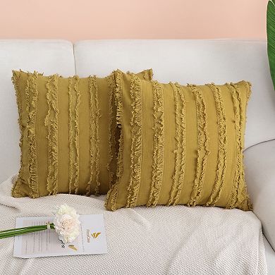 2Pcs Cotton Linen Decorative Cushion Covers Tassel Striped Throw Pillow Covers 18" x 18"