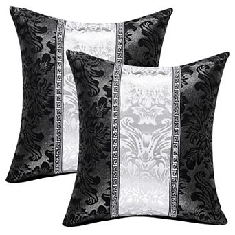 Decoration Vintage Floral Printed Black Silver Contrast Square Throw Pillow Cover
