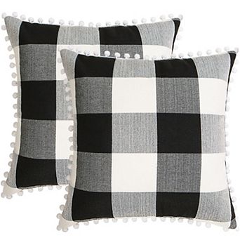 2 pc Buffalo Check Plaid Throw Pillow Cover with Pompoms