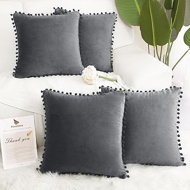 Velvet Pillow Cover With Pompoms For Sofa Bed 4pcs 20" X 20"