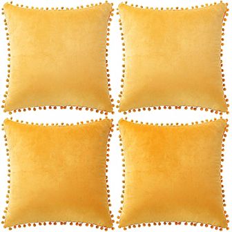 Velvet Pillow Cover With Pompoms For Sofa Bed 4 pc 20" X 20"