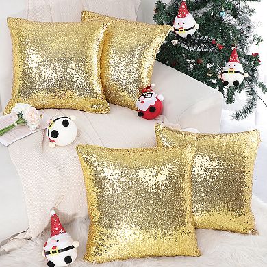4pcs Decorative Square Shiny Sparkling Sequin Throw Pillow Cover Silver Tone