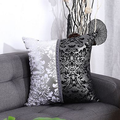 1-Piece Polyester Black and Silver Vintage Floral Printed Cushion Cover 18" x 18"